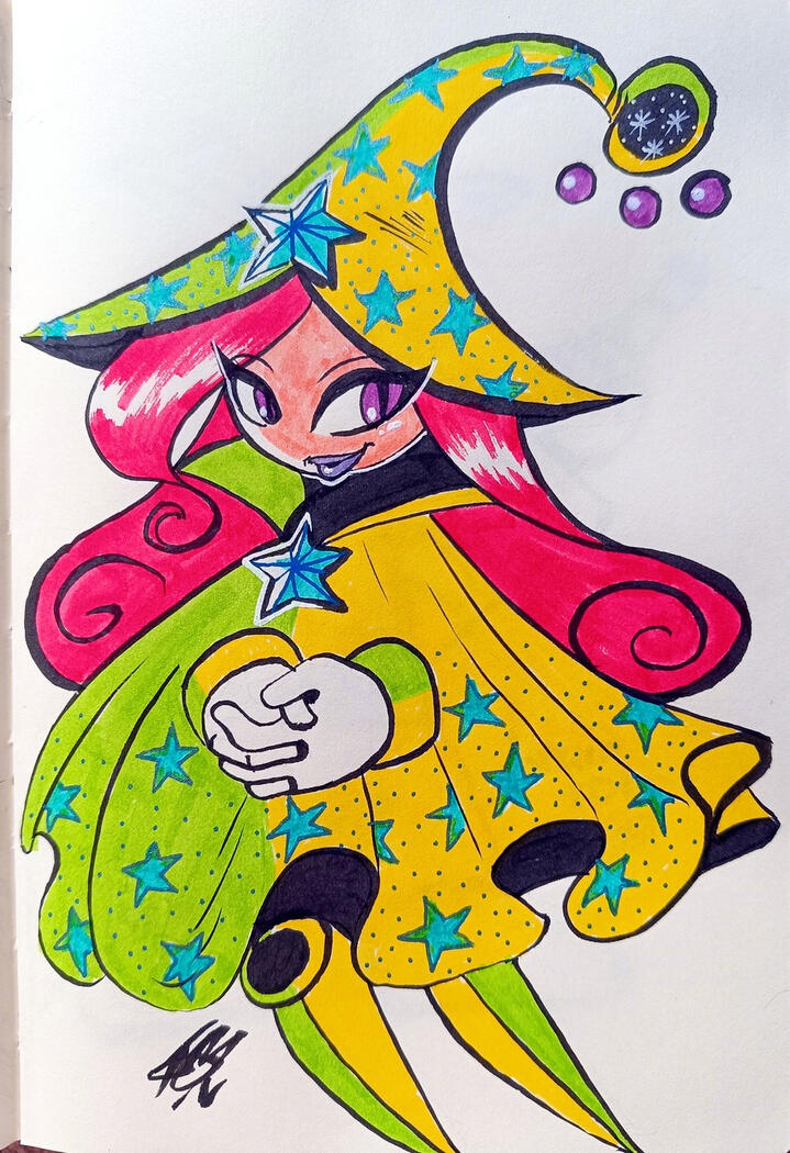 Pen and marker sketch of my own reimagining of Betilla's design from Rayman 1
