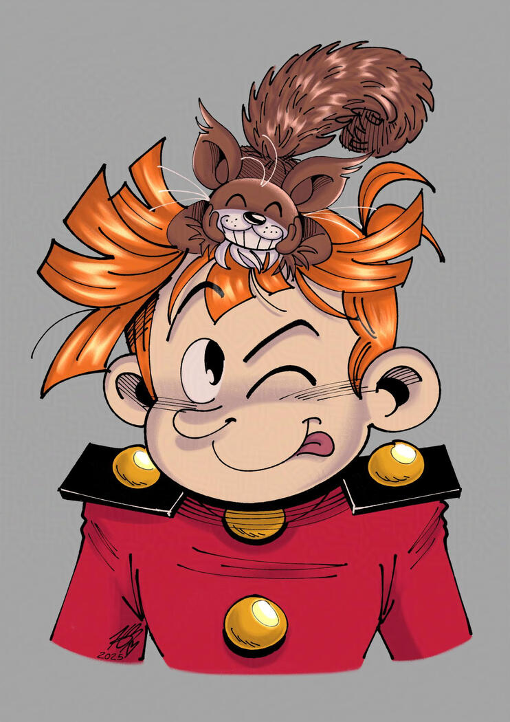 Digital, full colour sketch of Spirou with Spip on his ehad