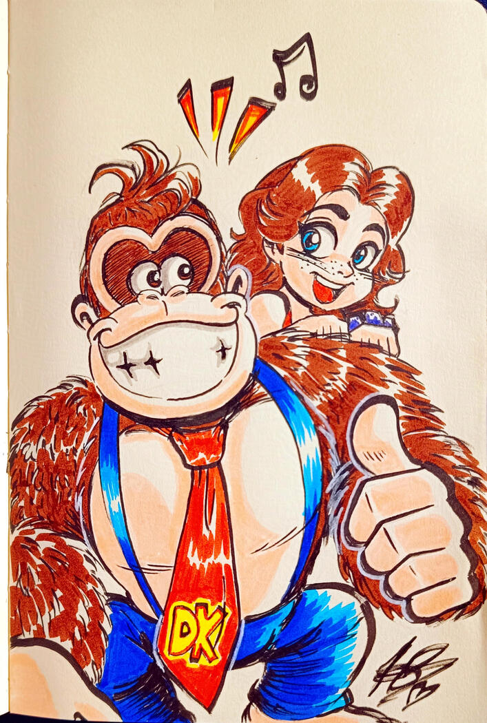 Pen and marker sketch of Donkey Kong and Pauline from Bonanza
