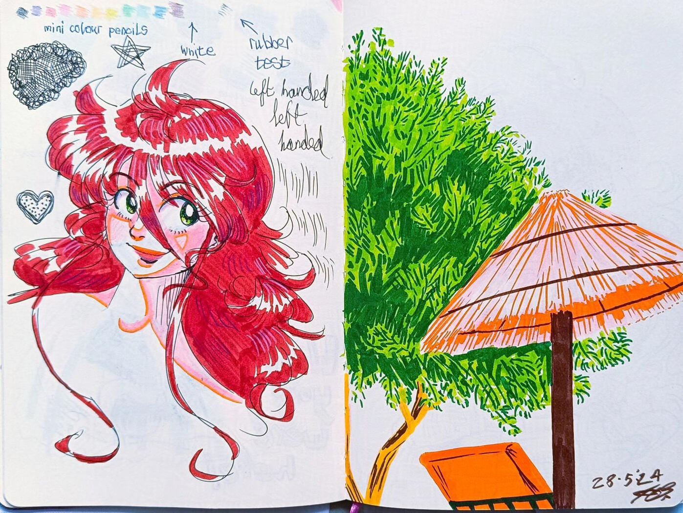 Pen and market sketches of Tiffany Paradiso, a sun bed, straw parasol and tree