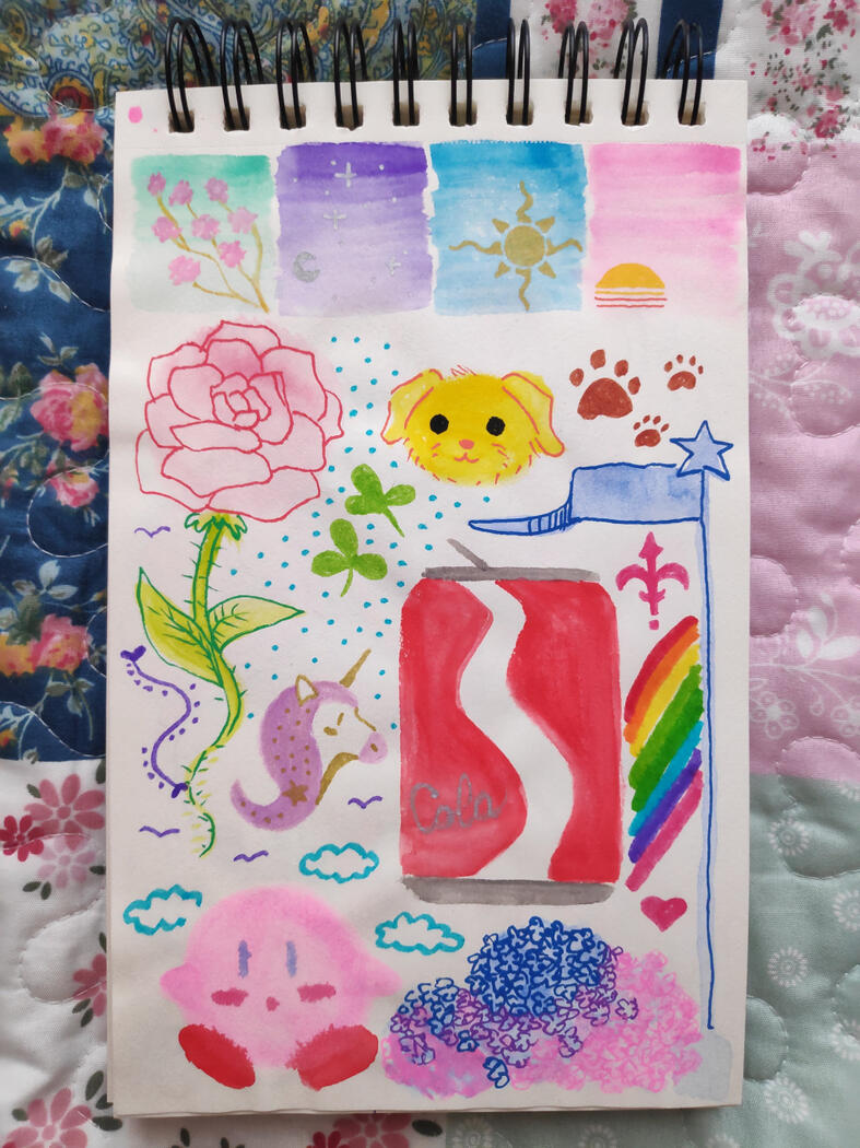 Miscellaneous doodles using pens, watercolours and markers