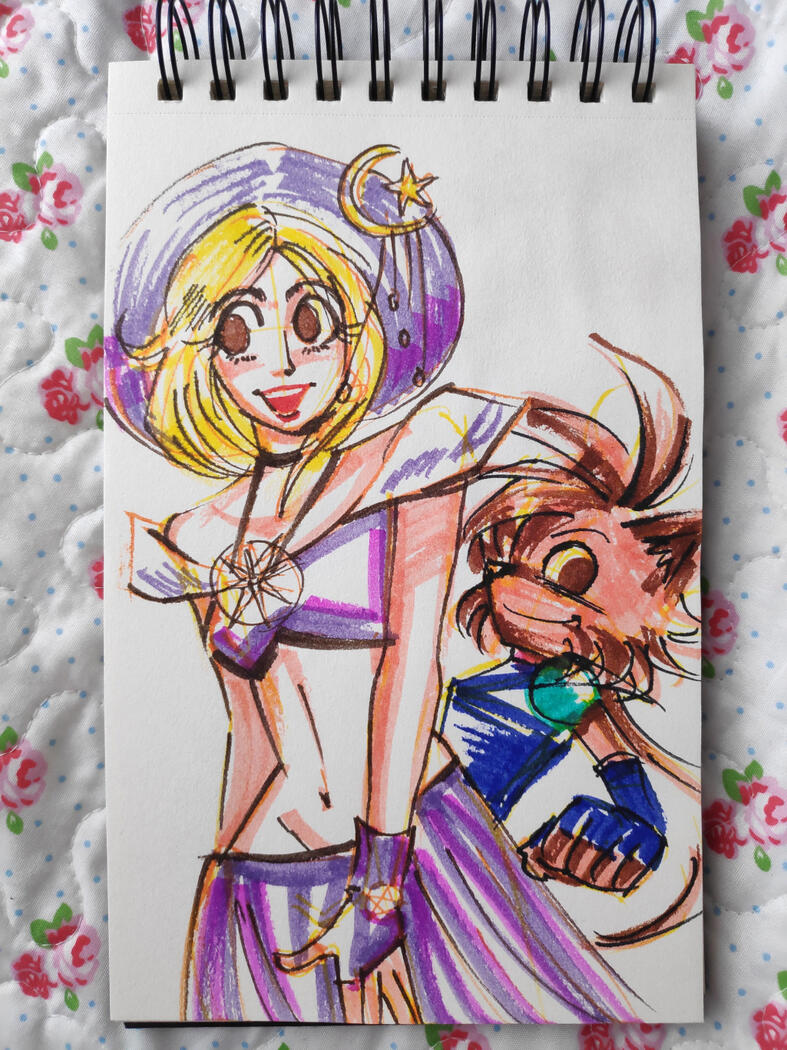 Marker sketches of my characters Caoimhe Costello and Space Hound Triggs