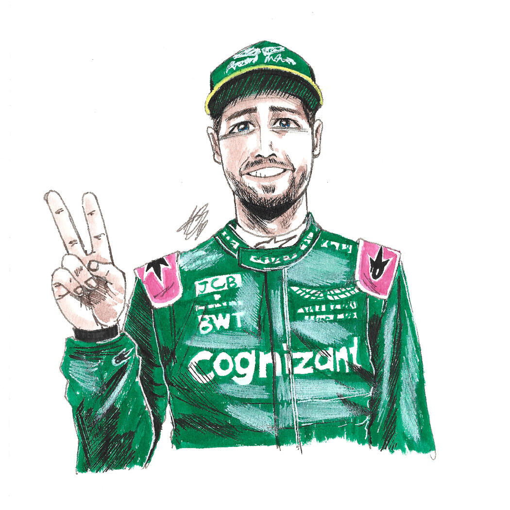 Pen and watercolour sketch of Sebastian Vettel