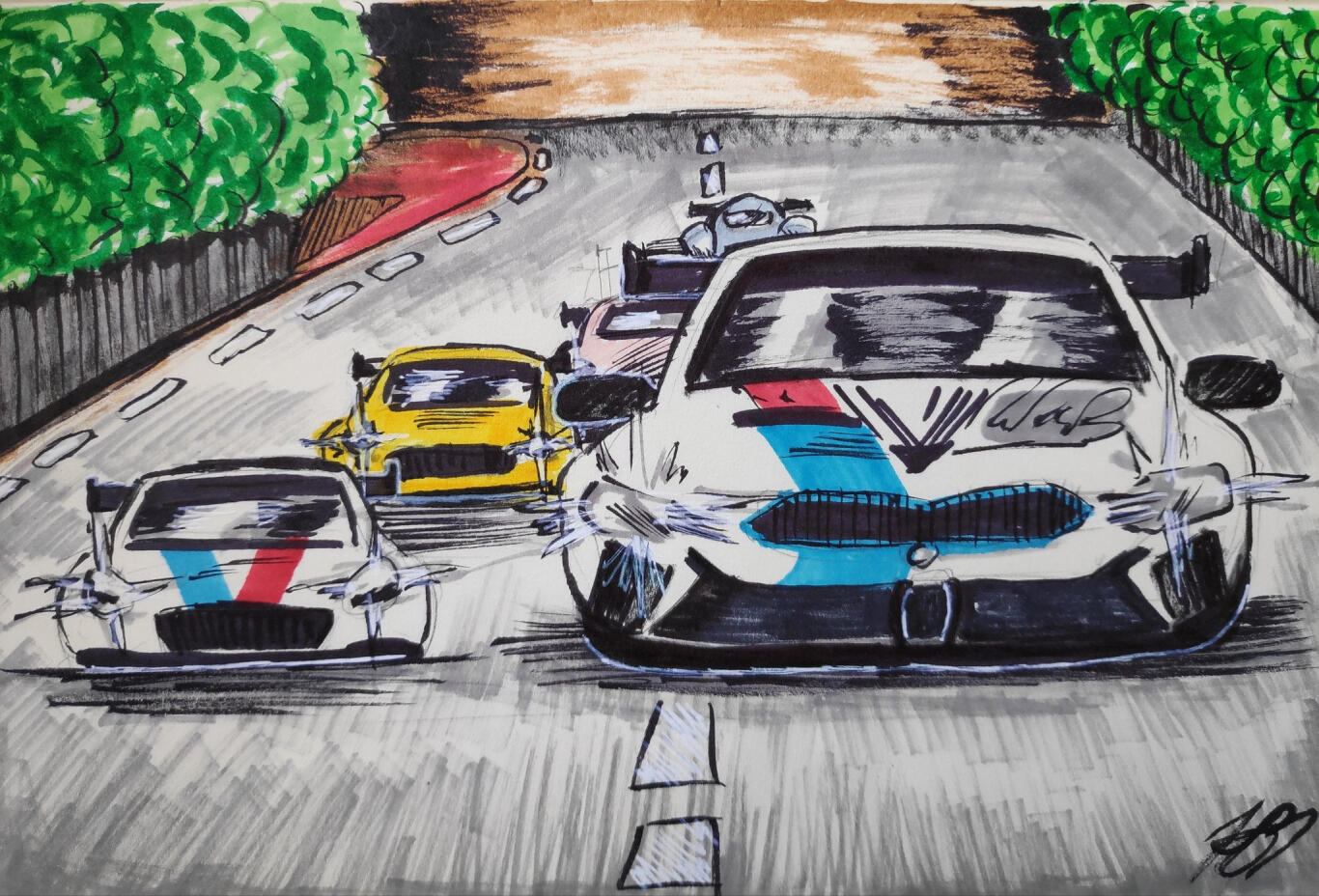 Pen and watercolour sketch of Big M8 from 24 Hours of Le Mans