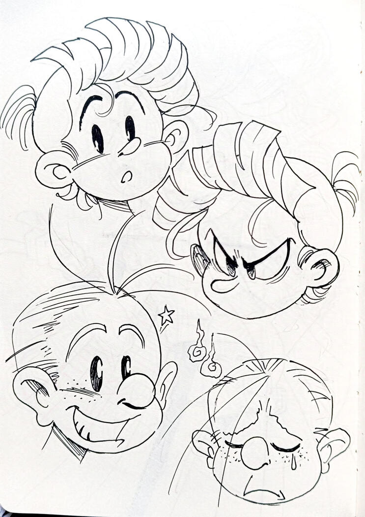 Pen sketches of different facial expressions of Spirou &amp; Fantasio