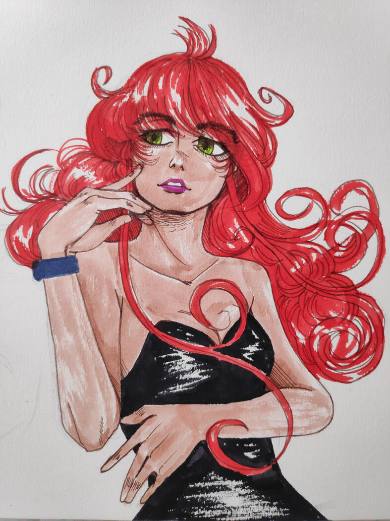 Pen and watercolour marker sketch of Tiffany Paradiso (original design)