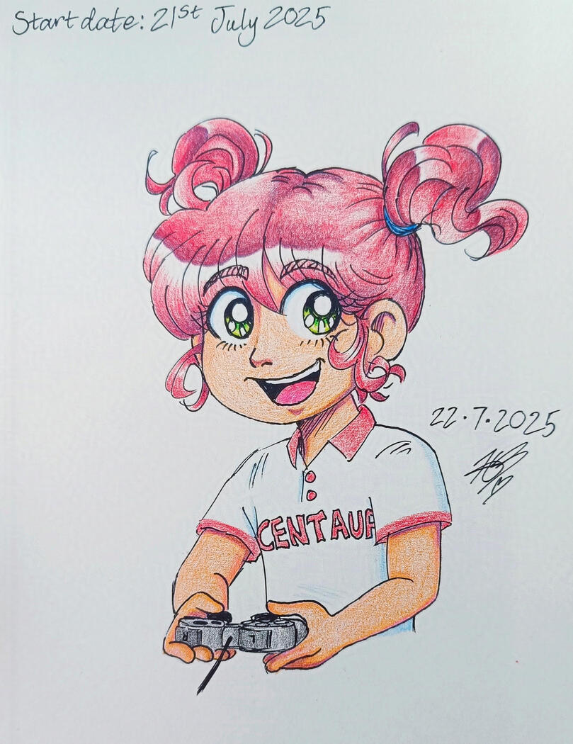 Pen and pencil sketch of Tiffany Paradiso as a young girl. She's holding a Playstation 1 controller