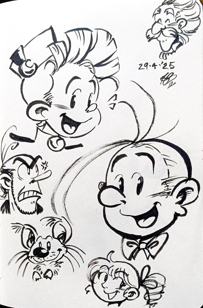 Various pen brush sketches of Spirou &amp; Fantasio characters